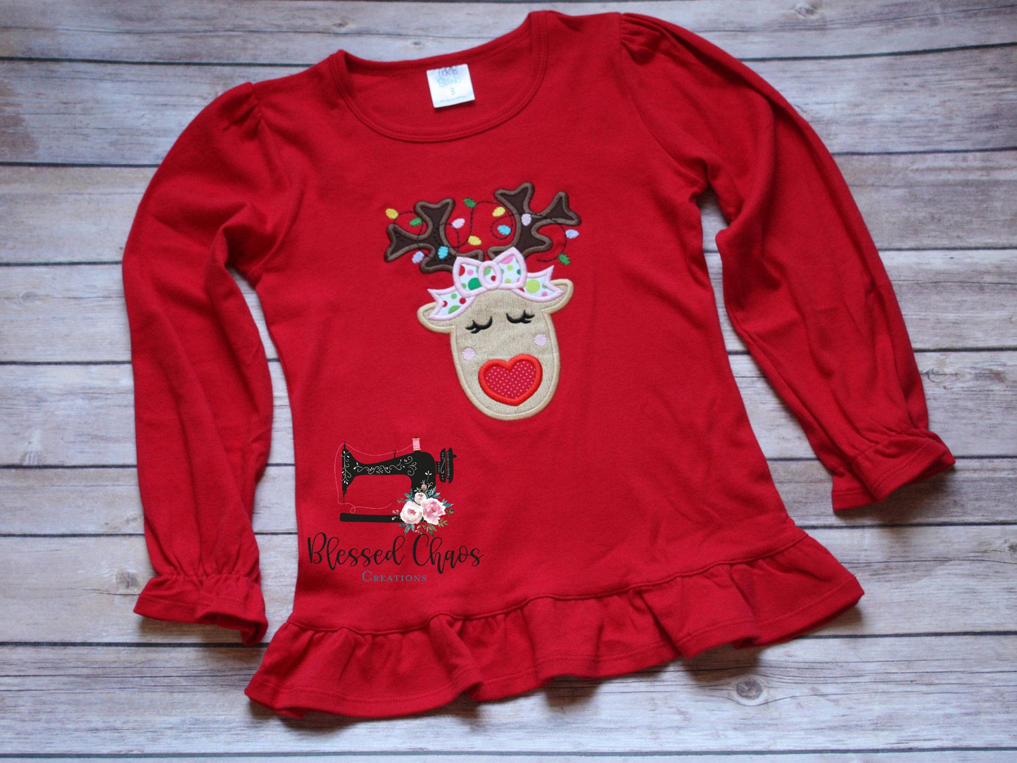 Girls Christmas Reindeer with Heart Nose & Lights Shirt