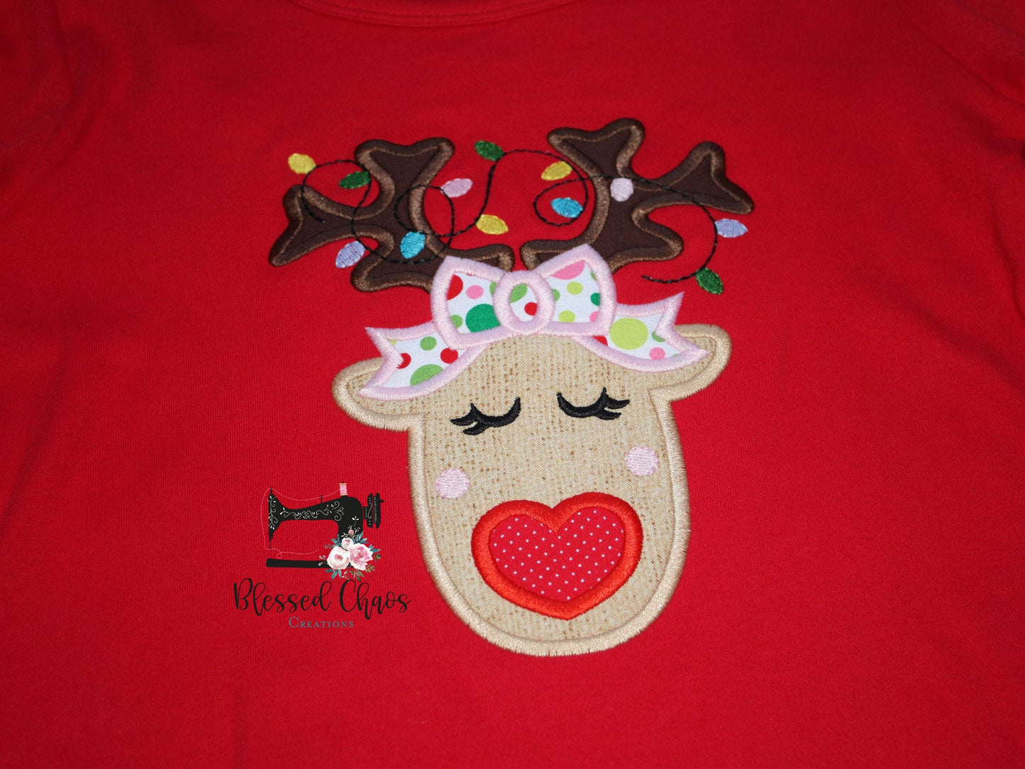 Girls Christmas Reindeer with Heart Nose & Lights Shirt