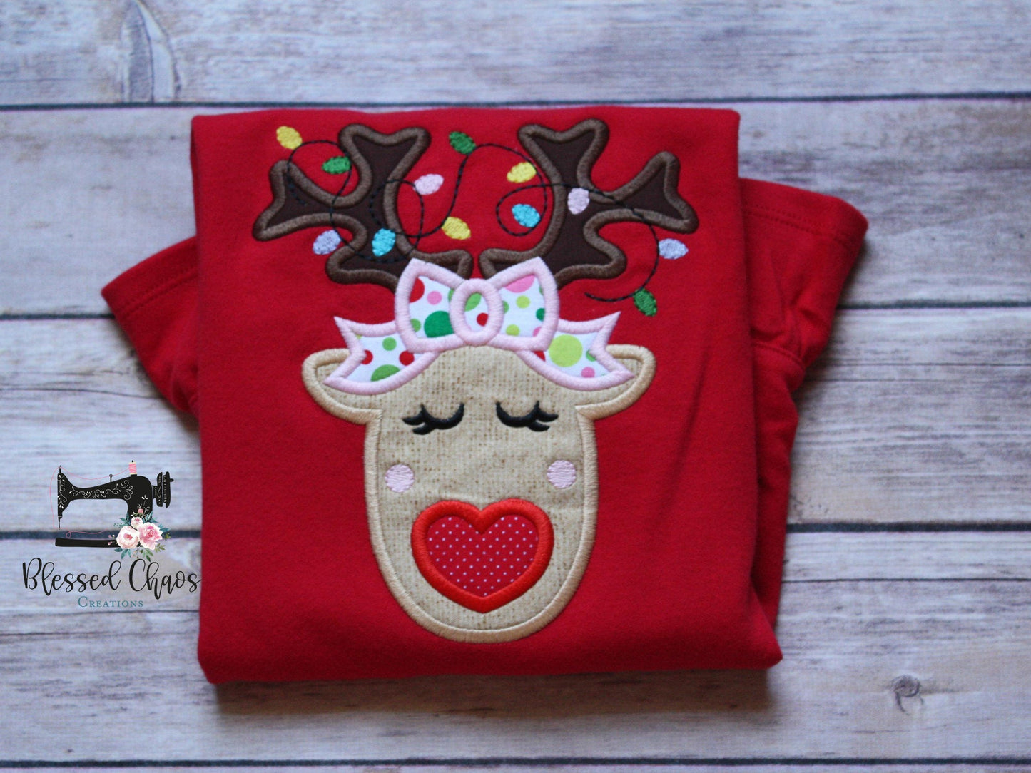 Girls Christmas Reindeer with Heart Nose & Lights Shirt