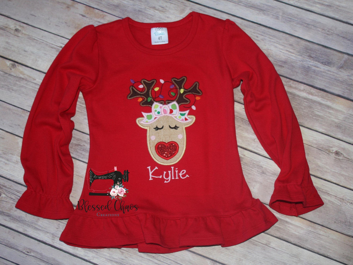 Girls Christmas Reindeer with Heart Nose & Lights Shirt