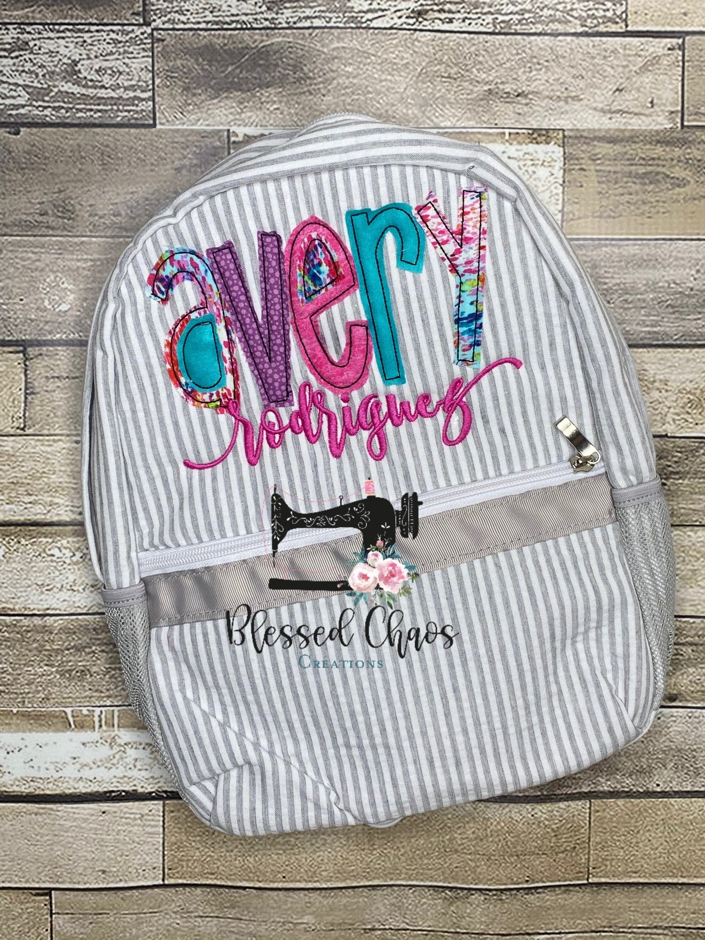 Kids Personalized Applique backpack, Fabric Name Backpack, Daycare Bookbag, Personalized Booksak, Girls Seersucker Bookbag