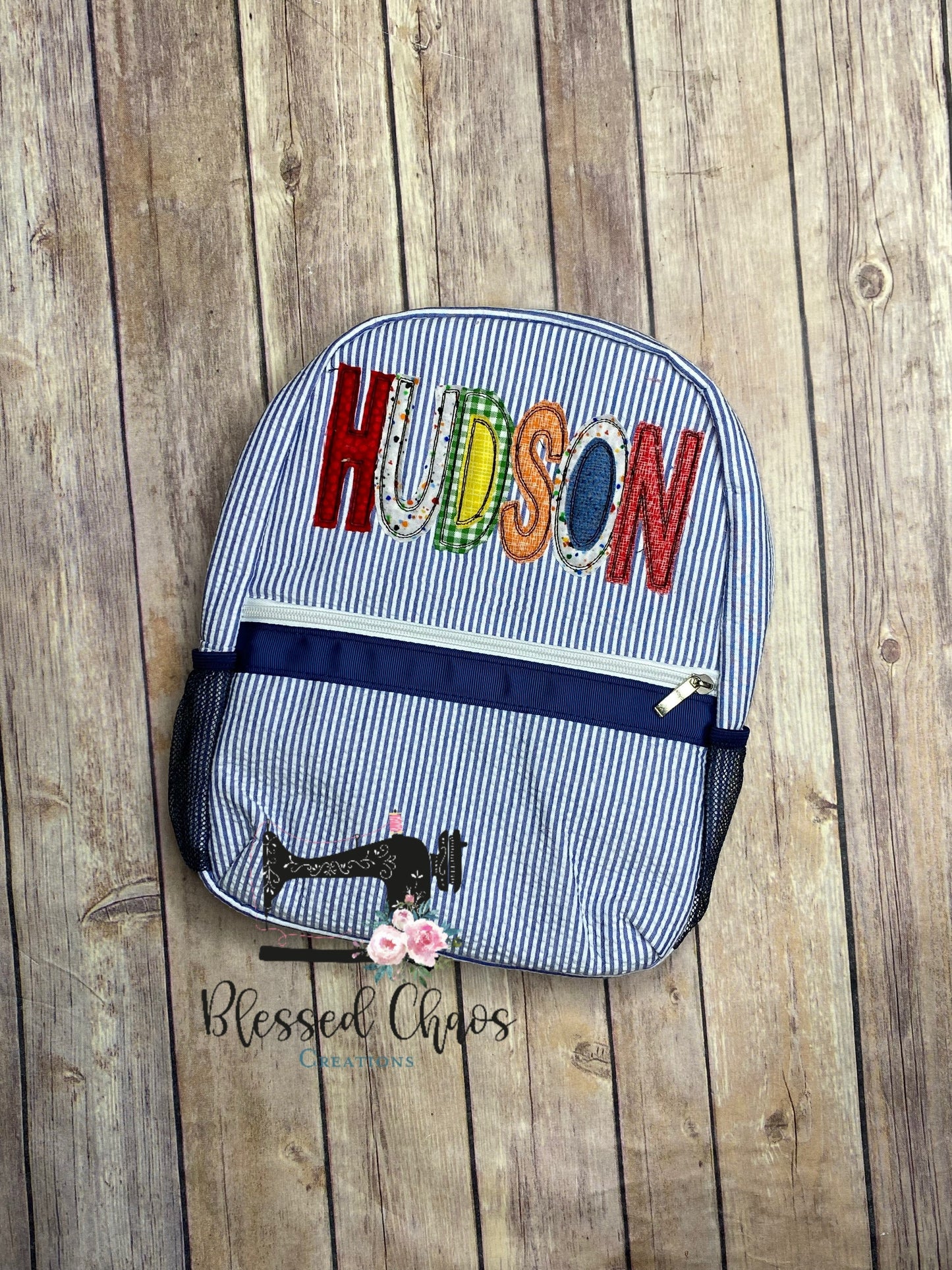 Boys Personalized Applique backpack, Fabric Name Backpack, Daycare Bookbag, Personalized Booksack, Seersucker Bookbag