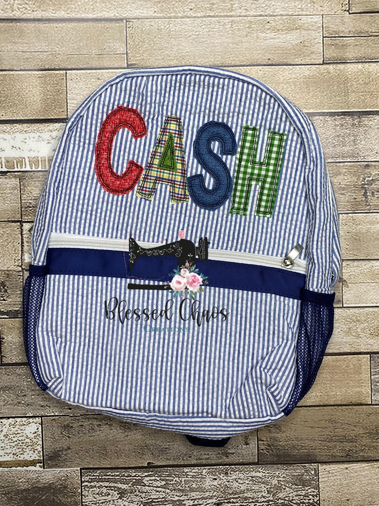 Boys Personalized Applique backpack, Fabric Name Backpack, Daycare Bookbag, Personalized Booksack, Seersucker Bookbag