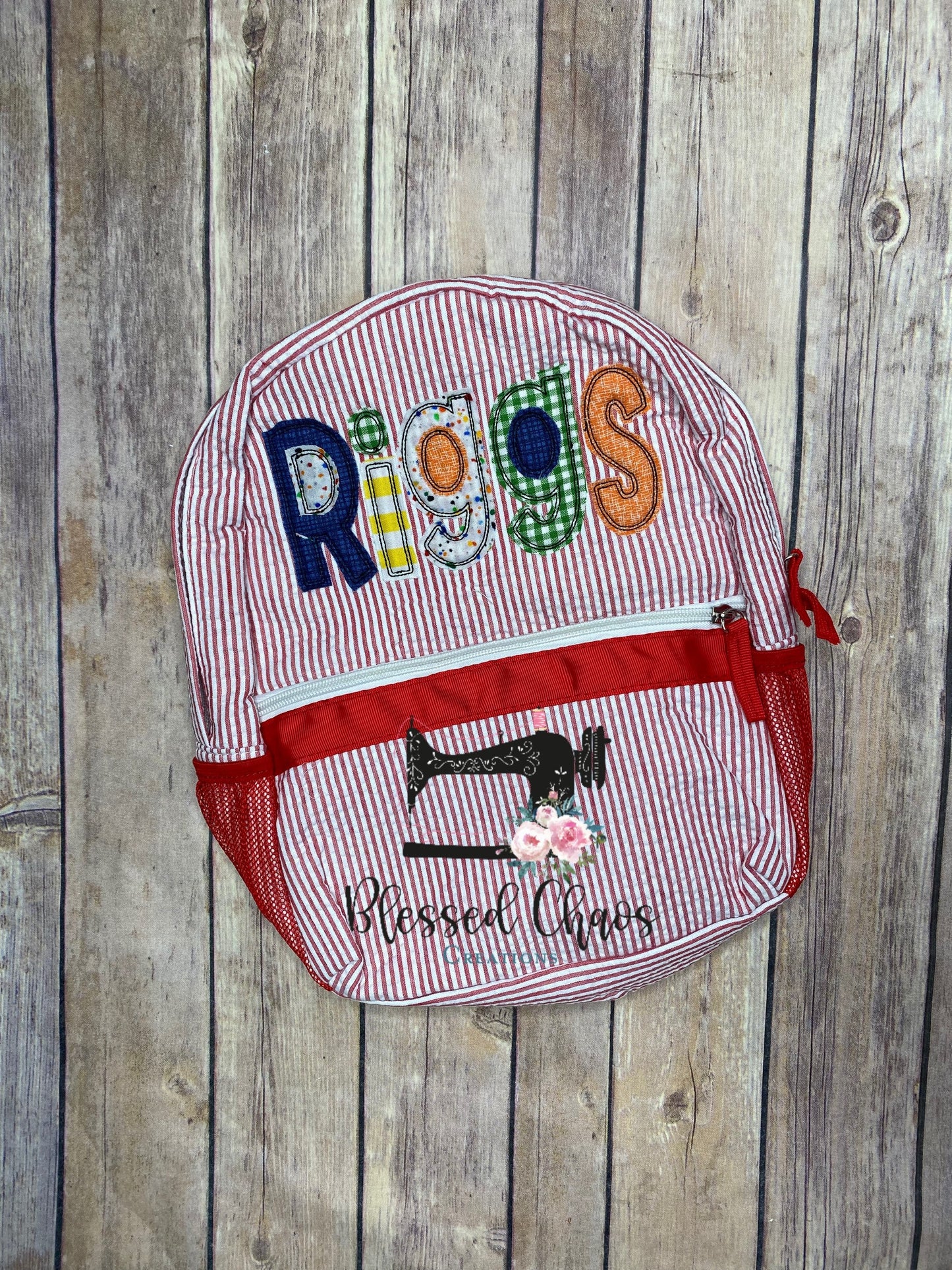 Boys Personalized Applique backpack, Fabric Name Backpack, Daycare Bookbag, Personalized Booksack, Seersucker Bookbag