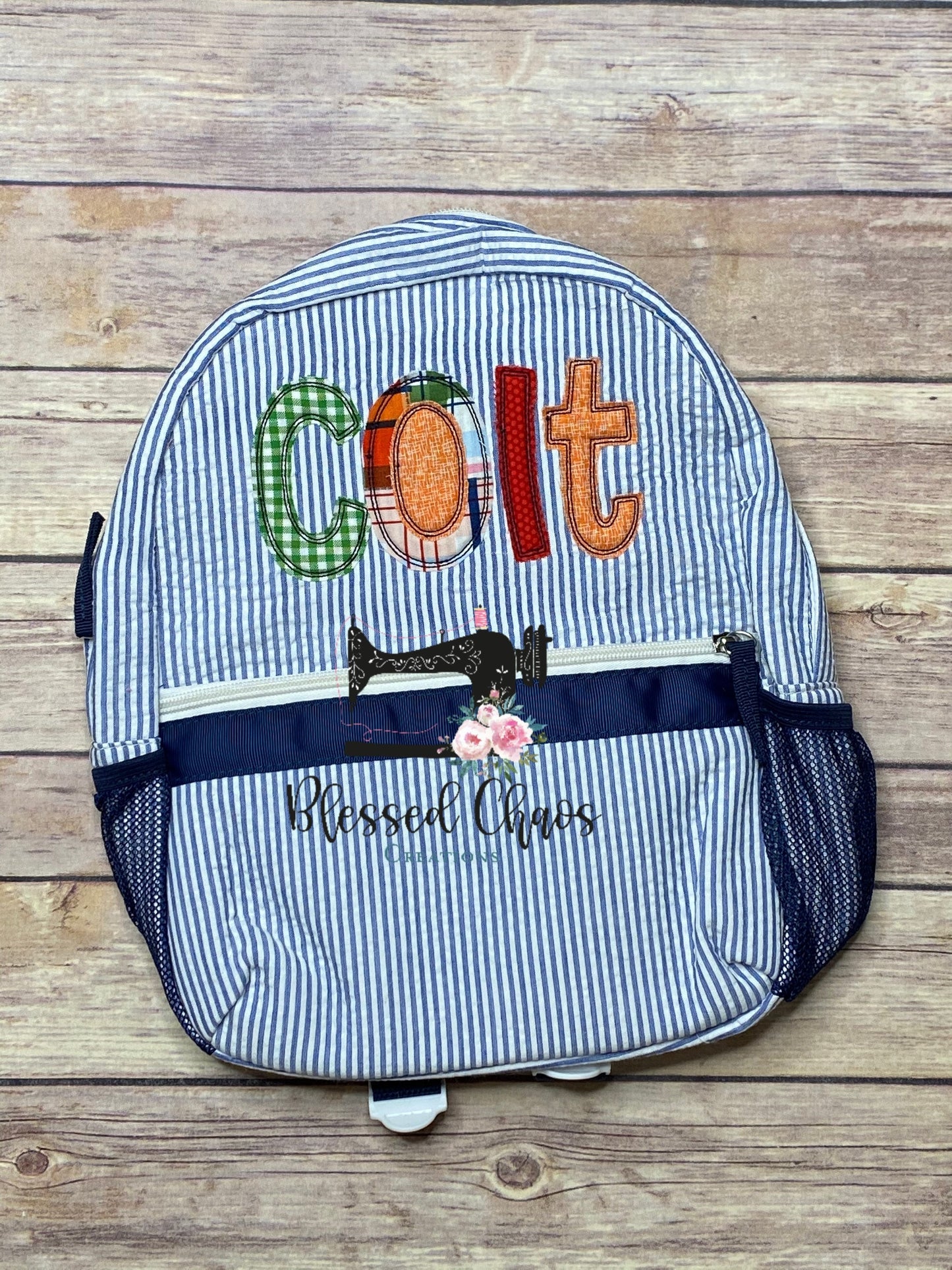 Boys Personalized Applique backpack, Fabric Name Backpack, Daycare Bookbag, Personalized Booksack, Seersucker Bookbag