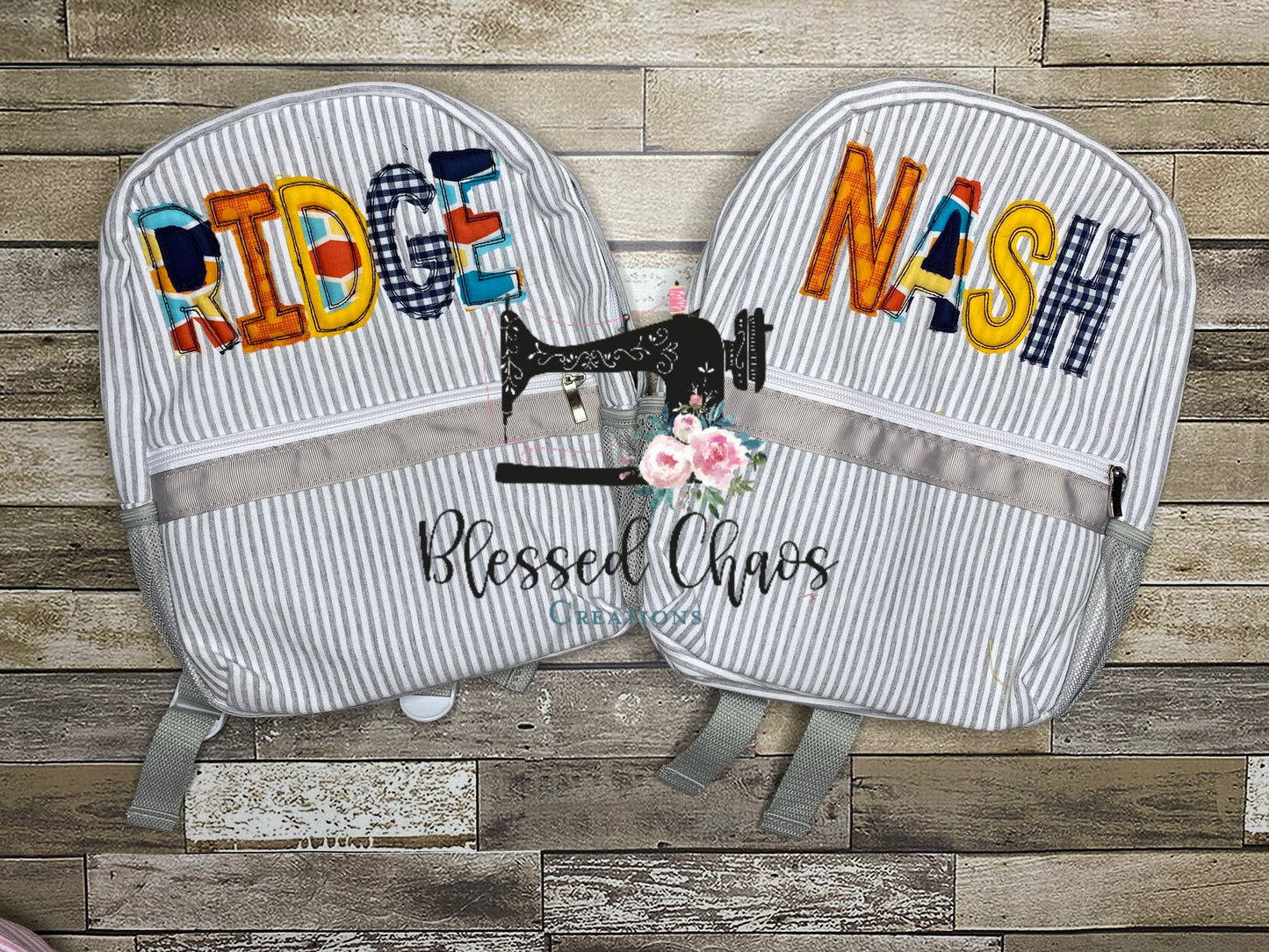 Boys Personalized Applique backpack, Fabric Name Backpack, Daycare Bookbag, Personalized Booksack, Seersucker Bookbag