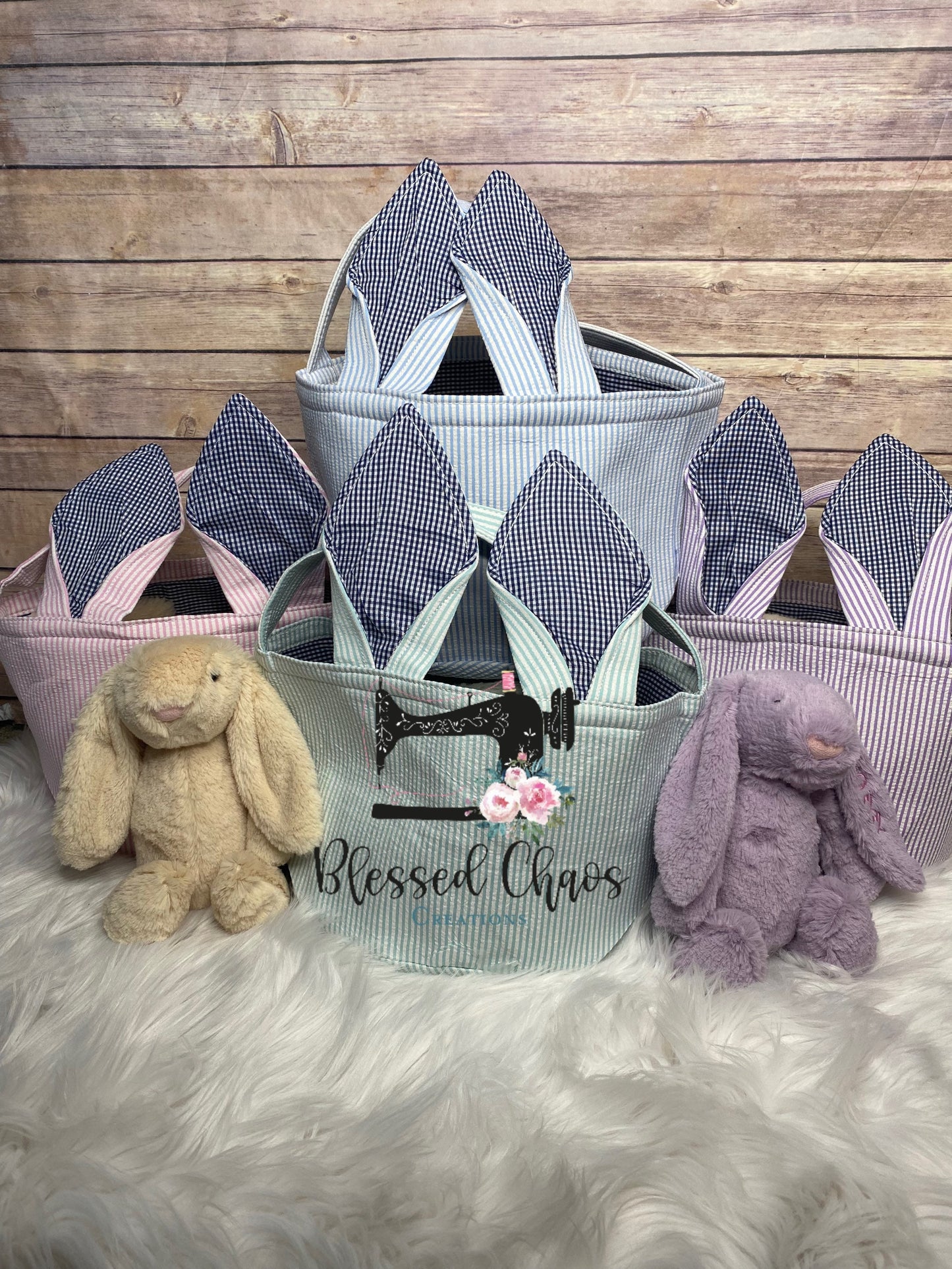 Embroidered Easter Bunny Basket, Custom Easter Basket, Personalized Easter Basket, Seersucker Basket, Personalized Seersucker Tote Bags