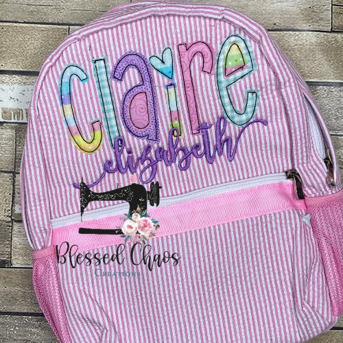 Kids Personalized Applique backpack, Fabric Name Backpack, Daycare Bookbag, Personalized Booksak, Girls Seersucker Bookbag