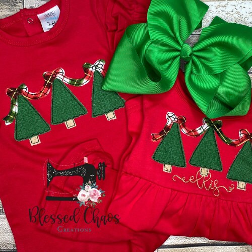 Personalized Christmas Ruffle Romper, Embroidered Christmas Trees Outfit, Baby's First Christmas, Baby Girl Christmas Outfit