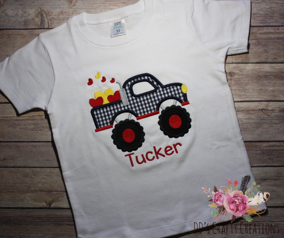 Boys Valentine's Day Big Truck Appliqué Shirt, Monster Truck Valentines Appliqué, Boys Valentine Shirtk, Kids Valentine Shirt