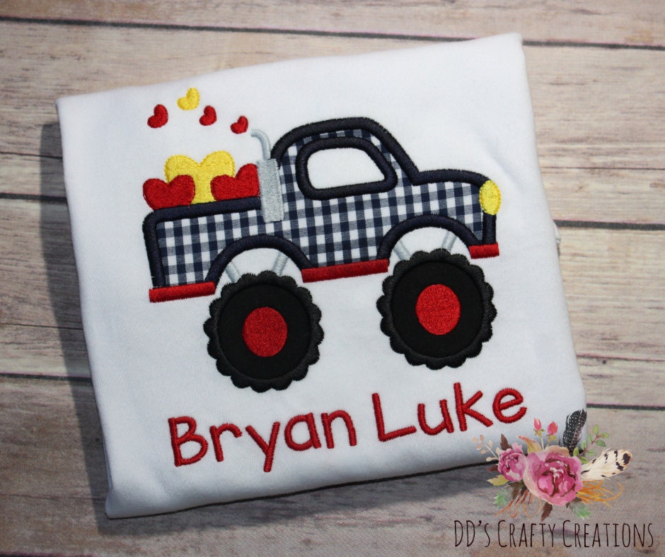 Boys Valentine's Day Big Truck Appliqué Shirt, Monster Truck Valentines Appliqué, Boys Valentine Shirtk, Kids Valentine Shirt