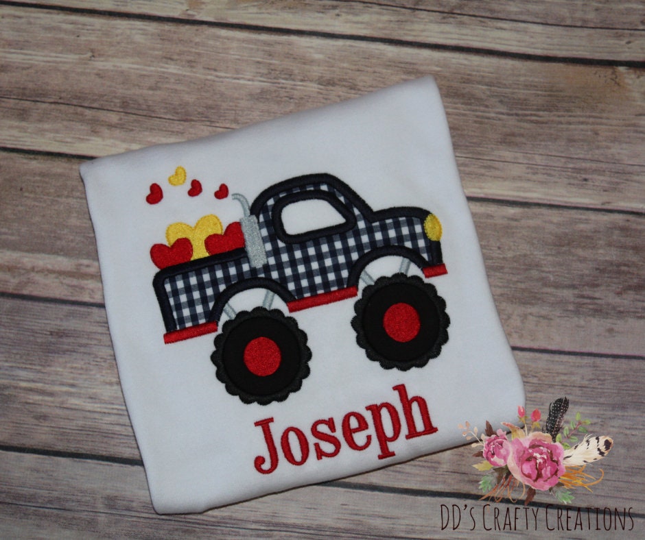 Boys Valentine's Day Big Truck Appliqué Shirt, Monster Truck Valentines Appliqué, Boys Valentine Shirtk, Kids Valentine Shirt