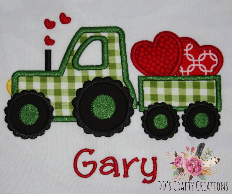 Boys Valentine's Day Tractor with Trailer and Hearts Appliqué Shirt, Boys Valentine Shirt, Kid Valentine Shirt, Tractor Valentine