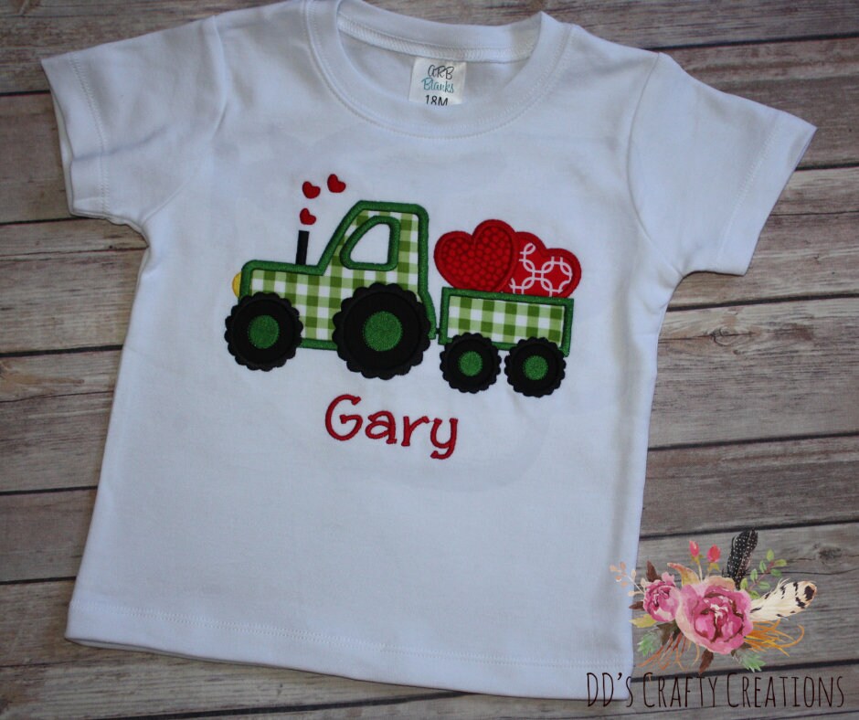 Boys Valentine's Day Tractor with Trailer and Hearts Appliqué Shirt, Boys Valentine Shirt, Kid Valentine Shirt, Tractor Valentine