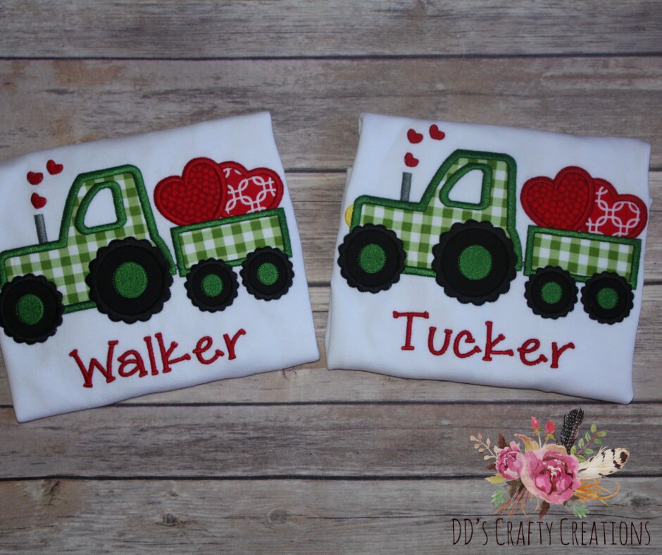 Boys Valentine's Day Tractor with Trailer and Hearts Appliqué Shirt, Boys Valentine Shirt, Kid Valentine Shirt, Tractor Valentine