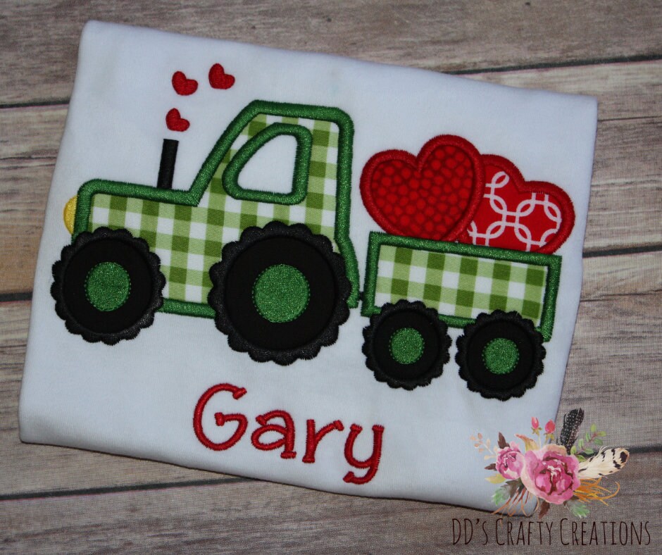 Boys Valentine's Day Tractor with Trailer and Hearts Appliqué Shirt, Boys Valentine Shirt, Kid Valentine Shirt, Tractor Valentine