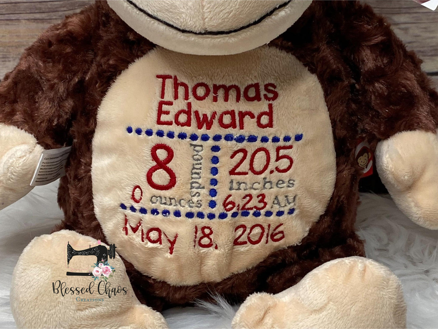Embroidered Birth Stat Stuffed Monkey Cubbie Animal