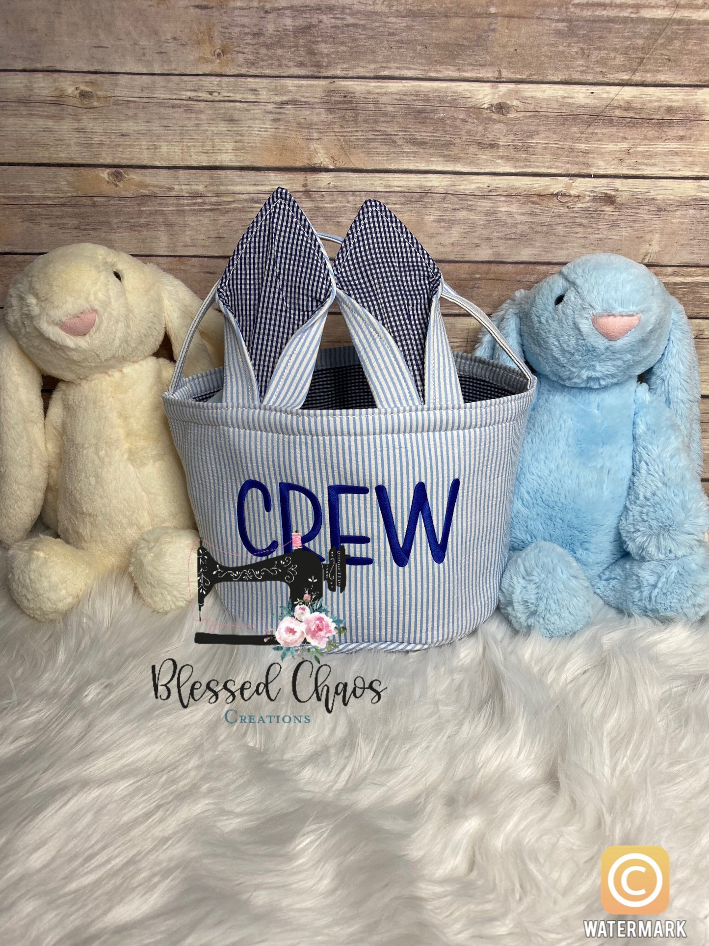 Embroidered Easter Bunny Basket, Custom Easter Basket, Personalized Easter Basket, Seersucker Basket, Personalized Seersucker Tote Bags