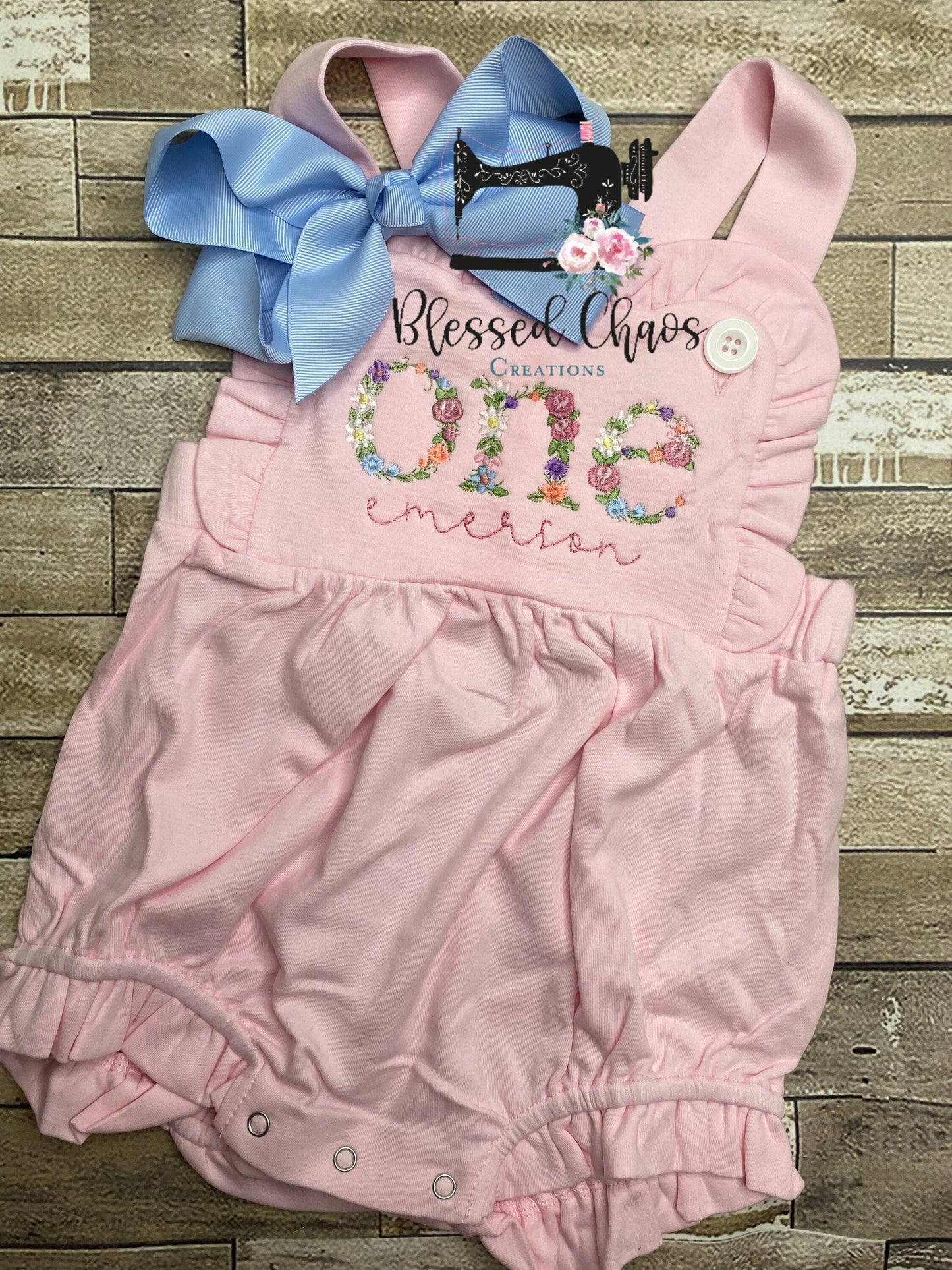First Birthday Outfit, Girls First Birthday Sunsuit, Girls Ruffle Romper with Floral ONE, Personalized Birthday Bubble, Ruffle Romper