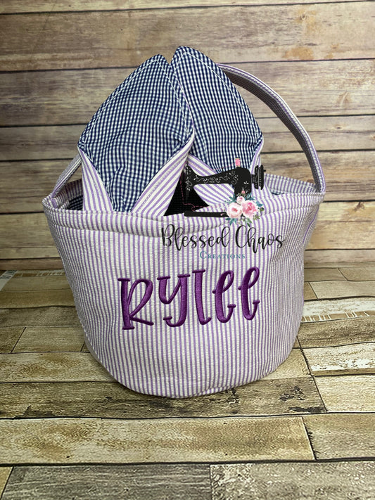 Embroidered Easter Bunny Basket, Custom Easter Basket, Personalized Easter Basket, Seersucker Basket, Personalized Seersucker Tote Bags