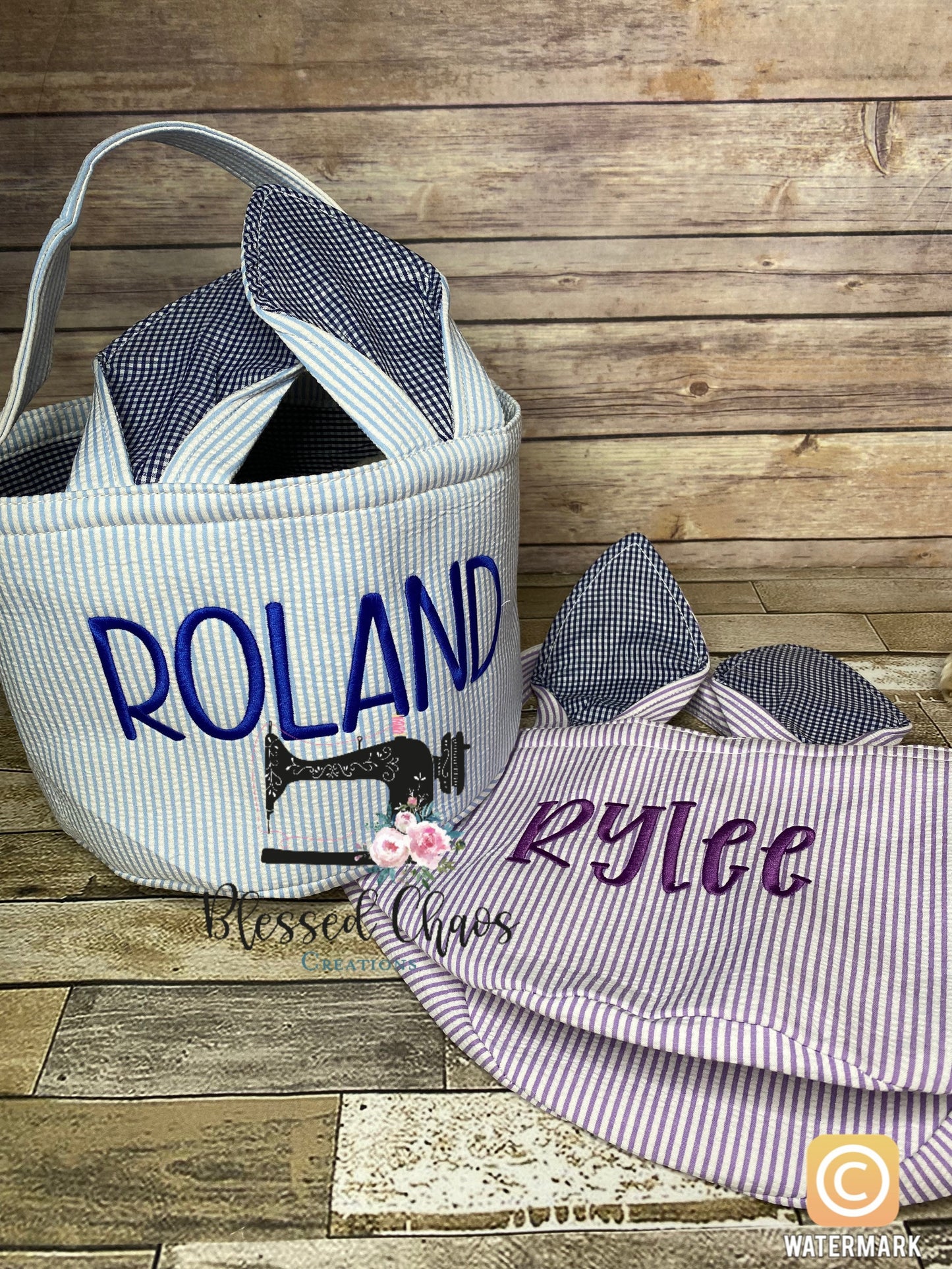 Embroidered Easter Bunny Basket, Custom Easter Basket, Personalized Easter Basket, Seersucker Basket, Personalized Seersucker Tote Bags