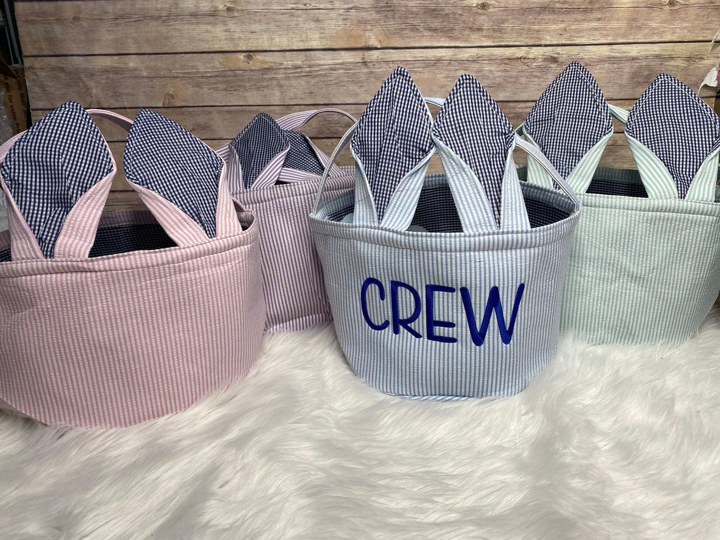 Embroidered Easter Bunny Basket, Custom Easter Basket, Personalized Easter Basket, Seersucker Basket, Personalized Seersucker Tote Bags