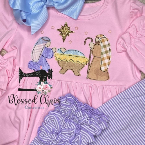 Personalized Nativity Appliqué Shirt, Tunic, Religious Christmas Shirt, Nativity Scene Shirt, Christmas Outfit, Ruffle Leggings