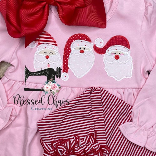 Personalized Santa Trio Appliqué Shirt, Tunic, Santa Christmas Shirt, Santa Trio Tunic, Christmas Outfit, Matching Red Ruffle Leggings